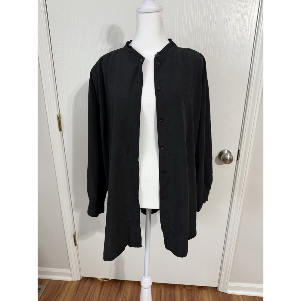 Vintage Anne Fontaine 80s Button Down Blouse Black Sz 18 100% Silk Quiet Luxury
